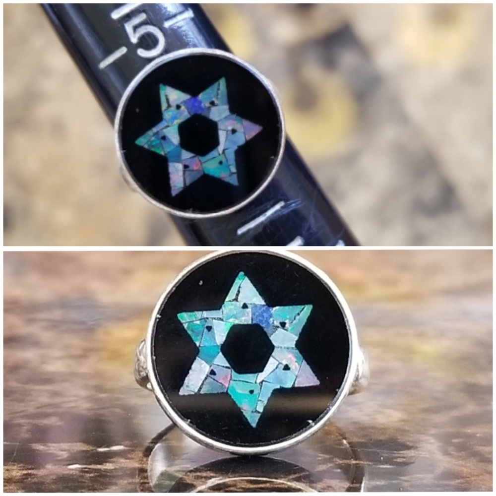 Mosiac Fire Opal in Black Onyx Star of David Ring